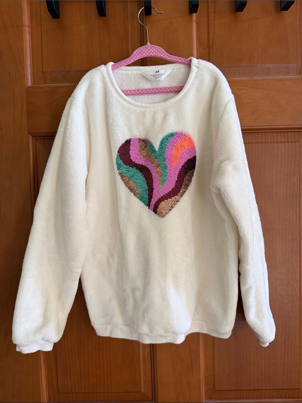 H&M Cream Fuzzy Sweater with Multicolor Heart Patch